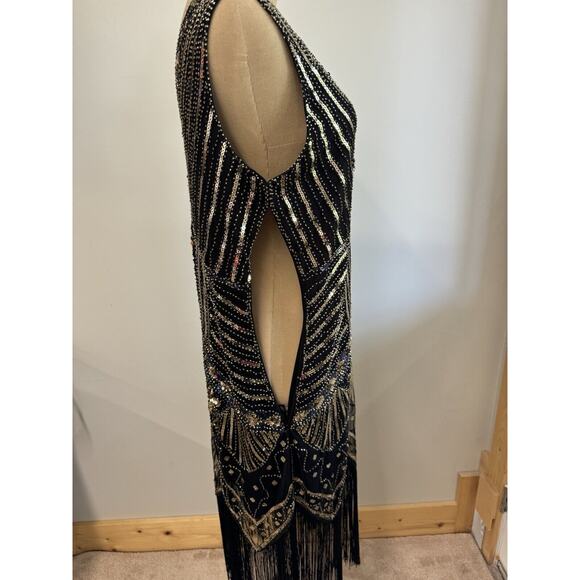 Black Dress with Gold sequins M With Bottom Fringe,Sexy,Heavy Embellishments - Picture 10 of 13